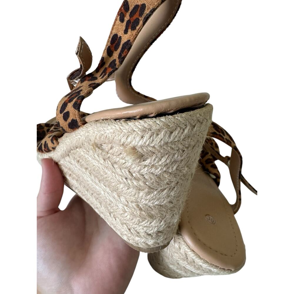 Leopard Print Wedge Sandals Women’s 8.5 Espadrille Platform Bow Strappy Shoes - Picture 9 of 10